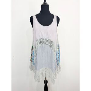 Arrata Silent Journey Patchwork Stripe Floral Lace Lattice Tank Tunic Mini Dress